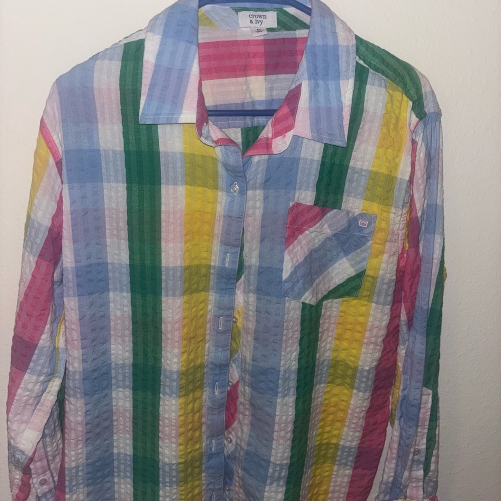 Crown & Ivy Blue Green Plaid Button Down Shirt